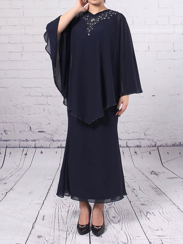 Elegant Chiffon V-neck Sheath/Column Beading Tea-length Mother of the Bride Dress