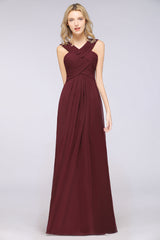 Elegant Chiffon V-Neck Straps Crisscross Burgundy Bridesmaid Dress with Ruffle-27dress