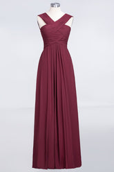 Elegant Chiffon V-Neck Straps Crisscross Burgundy Bridesmaid Dress with Ruffle-27dress