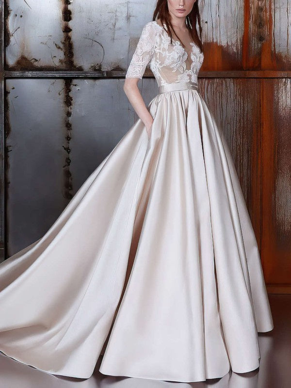 Elegant Court Train Ball Gown Illusion Satin Wedding Dress With Sashes/Ribbons