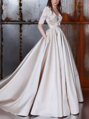 Elegant Court Train Ball Gown Illusion Satin Wedding Dress With Sashes/Ribbons