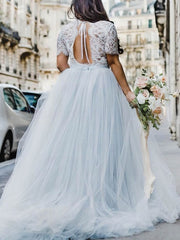 Elegant Court Train Wedding Dress with Illusion Lace Tulle Ball Gown