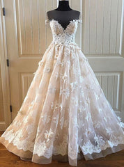 Elegant Creamy Lace Sweetheart Long Wedding Dress A Line Appliques Bridal Gowns On Sale-27dress