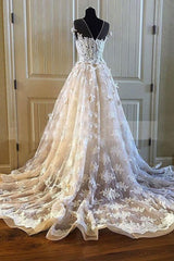 Elegant Creamy Lace Sweetheart Long Wedding Dress A Line Appliques Bridal Gowns On Sale-27dress