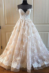 Elegant Creamy Lace Sweetheart Long Wedding Dress A Line Appliques Bridal Gowns On Sale-27dress