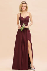 Elegant CrissCross Back Burgundy Lace Bridesmaid Dress With Spaghetti Straps-27dress