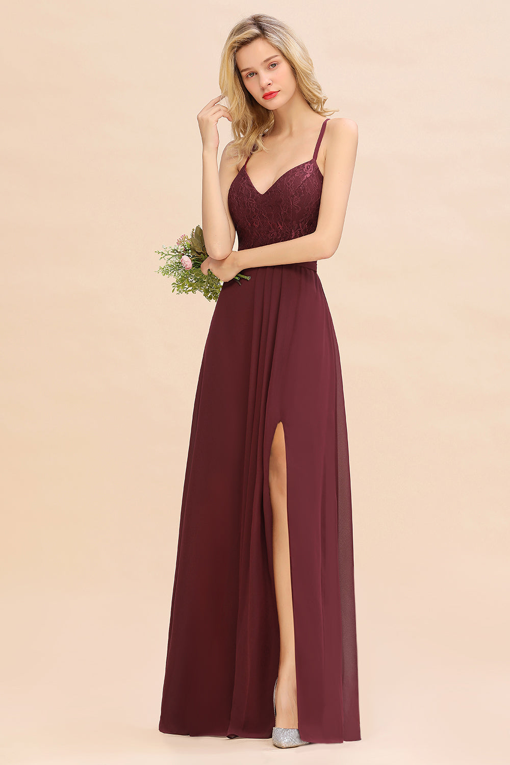 Elegant CrissCross Back Burgundy Lace Bridesmaid Dress With Spaghetti Straps-27dress