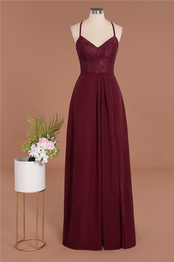 Elegant CrissCross Back Burgundy Lace Bridesmaid Dress With Spaghetti Straps-27dress