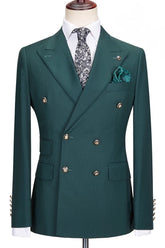 Elegant Dark Peaked Lapel Double Breasted Green Prom Suits