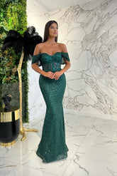 Elegant Dark Green Sweetheart Off the Shoulder Prom Dress With Applique Sequins