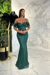 Elegant Dark Green Sweetheart Off the Shoulder Prom Dress With Applique Sequins