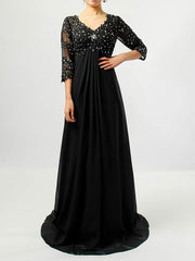 Elegant Empire V-neck Tulle Chiffon Sweep Train Beading Mother of the Bride Dress