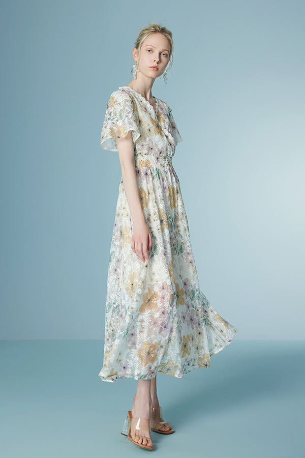 27Dress Elegant Floral Short Sleeves A-line Long Dresses