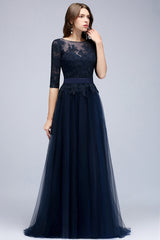 Elegant Half-Sleeves Lace Navy Bridesmaid Dresses with Appliques-27dress