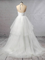 Elegant Halter Ball Gown Wedding Dress with Tulle Tiered Sweep Train