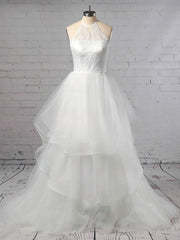 Elegant Halter Ball Gown Wedding Dress with Tulle Tiered Sweep Train