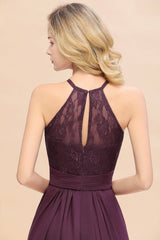Elegant Halter Ruffles Sleeveless Grape Lace Bridesmaid Dresses Affordable-27dress