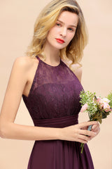 Elegant Halter Ruffles Sleeveless Grape Lace Bridesmaid Dresses Affordable-27dress