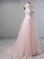Elegant Halter Tulle Wedding Dress With Appliques Lace and Sweep Train