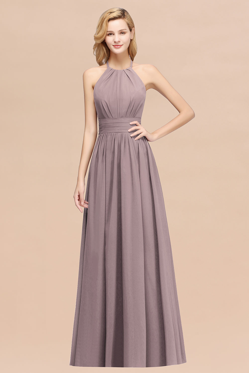 Elegant High-Neck Halter Long Affordable Bridesmaid Dresses with Ruffles-27dress
