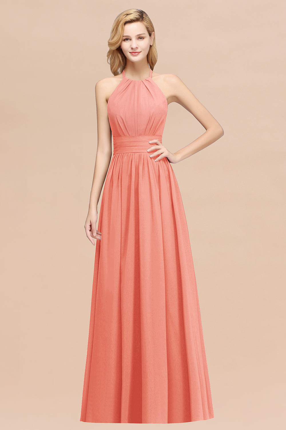 Elegant High-Neck Halter Long Affordable Bridesmaid Dresses with Ruffles-27dress