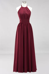 Elegant High-Neck Halter Long Affordable Bridesmaid Dresses with Ruffles-27dress