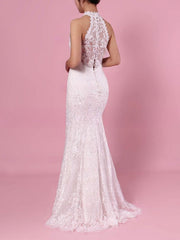 Elegant High Neck Lace Mermaid Wedding Dress with Beading