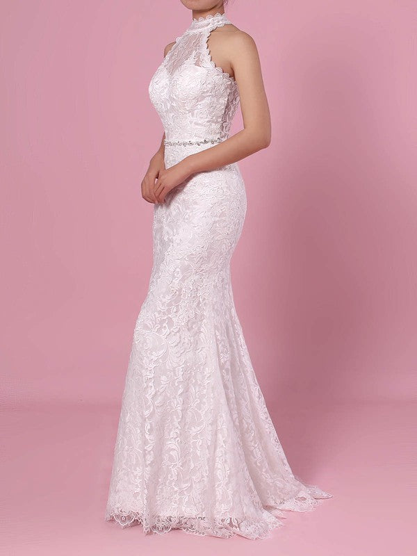 Elegant High Neck Lace Mermaid Wedding Dress with Beading