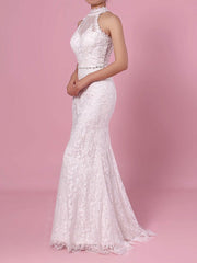 Elegant High Neck Lace Mermaid Wedding Dress with Beading
