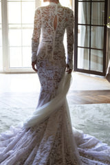 Elegant High Neck Long Sleeves Sheath Wedding Dress-27dress