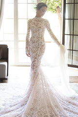 Elegant High Neck Long Sleeves Sheath Wedding Dress-27dress