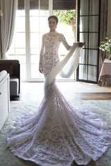 Elegant High Neck Long Sleeves Sheath Wedding Dress-27dress