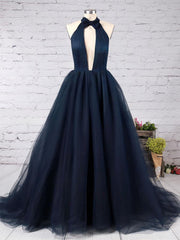 Elegant High Neck Tulle Prom Dress with Ruffles and Sweep Train
