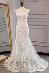 Elegant Ivory Tulle Long Mermaid Wedding Dress Lace Appliques Sleeveless Bridal Gowns On Sale-27dress