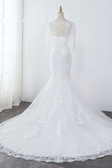 Elegant Jewel 3/4 Sleeves Mermaid White Wedding Dress Tulle Lace Appliques Beadings Bridal Gowns On Sale-27dress