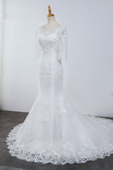 Elegant Jewel 3/4 Sleeves Mermaid White Wedding Dress Tulle Lace Appliques Beadings Bridal Gowns On Sale-27dress