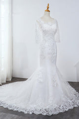 Elegant Jewel 3/4 Sleeves Mermaid White Wedding Dress Tulle Lace Appliques Beadings Bridal Gowns On Sale-27dress