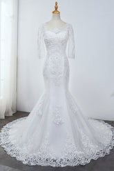 Elegant Jewel 3/4 Sleeves Mermaid White Wedding Dress Tulle Lace Appliques Beadings Bridal Gowns On Sale-27dress