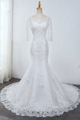 Elegant Jewel 3/4 Sleeves Mermaid White Wedding Dress Tulle Lace Appliques Beadings Bridal Gowns On Sale-27dress