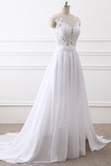 Elegant Jewel Chiffon Lace White Wedding Dress A-Line Sleeveless Appliques Bridal Gowns with Slit On Sale-27dress