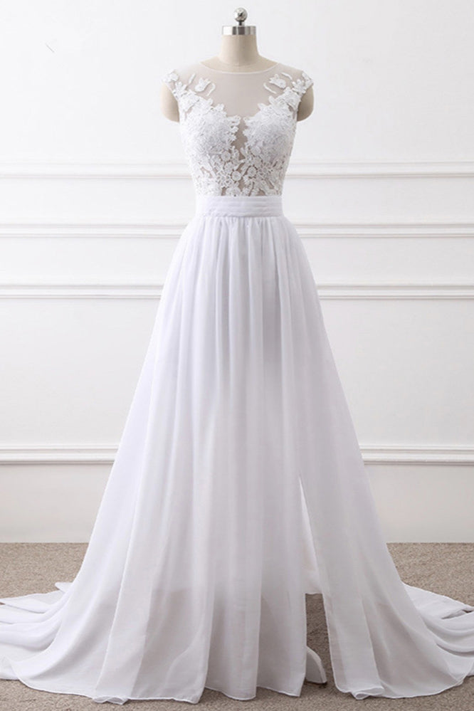 Elegant Jewel Chiffon Lace White Wedding Dress A-Line Sleeveless Appliques Bridal Gowns with Slit On Sale-27dress