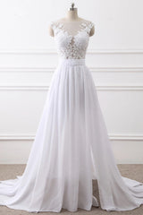 Elegant Jewel Chiffon Lace White Wedding Dress A-Line Sleeveless Appliques Bridal Gowns with Slit On Sale-27dress
