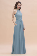 Elegant Jewel Lace Appliques Dusty Blue Chiffon Bridesmaid Dress On Sale-27dress
