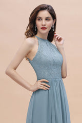 Elegant Jewel Lace Appliques Dusty Blue Chiffon Bridesmaid Dress On Sale-27dress