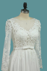 Elegant Jewel Long Sleeves Wedding Dress Chiffon Tulle Lace Ruffles Bridal Gowns Online-27dress