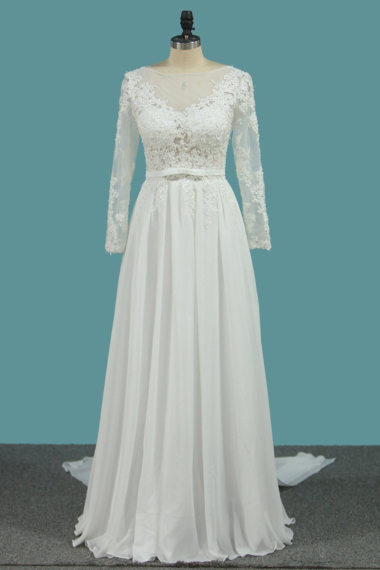 Elegant Jewel Long Sleeves Wedding Dress Chiffon Tulle Lace Ruffles Bridal Gowns Online-27dress