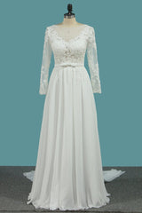 Elegant Jewel Long Sleeves Wedding Dress Chiffon Tulle Lace Ruffles Bridal Gowns Online-27dress