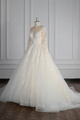 Elegant Jewel Long Sleeves Wedding Dress Tulle Appliques Ruffles Bridal Gowns with Beadings Online-27dress