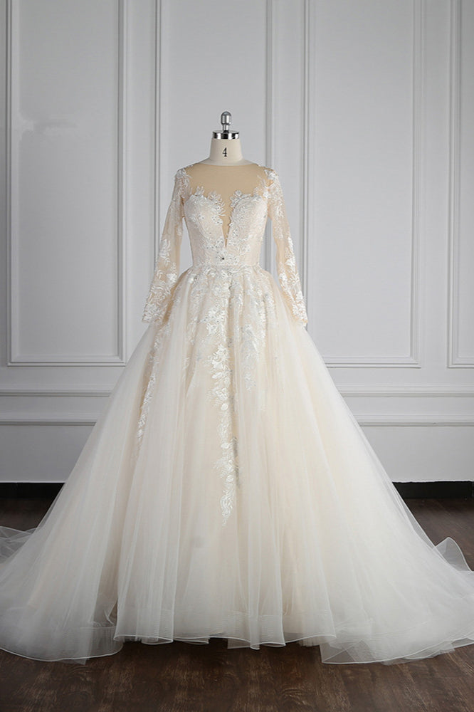 Elegant Jewel Long Sleeves Wedding Dress Tulle Appliques Ruffles Bridal Gowns with Beadings Online-27dress