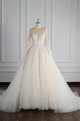 Elegant Jewel Long Sleeves Wedding Dress Tulle Appliques Ruffles Bridal Gowns with Beadings Online-27dress